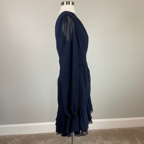 Betsy & Adam Blue Chiffon One Shoulder Mini Fit and Flare Size 10 Long Sleeve - Picture 3 of 14